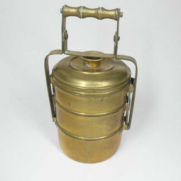 Tiffin Box Indian Brass Vintage Food Carrier 3 Compartment Stacking w/Handle - Picture 3 of 12